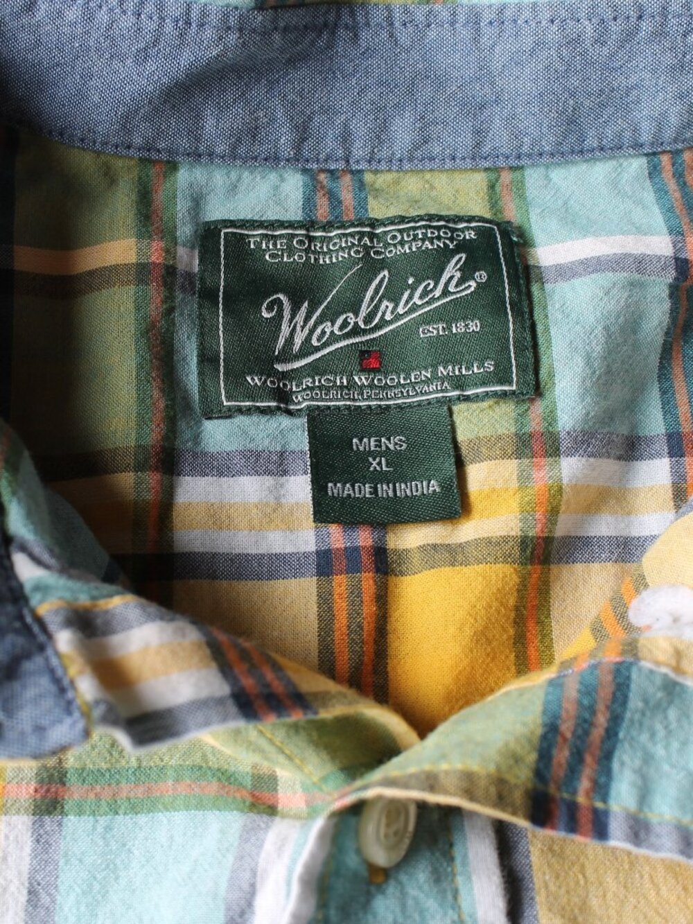Woolrich Shirt Mens XL Yellow/Green/Blue Plaid Short Sleeve Button Up Casual